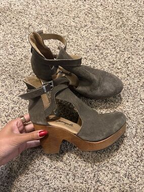 Free People Olive Suede Platform Ankle-Strap Heels